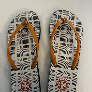 Tory Burch Tan-Strap Logo Flip Flops with Patterned Footbed